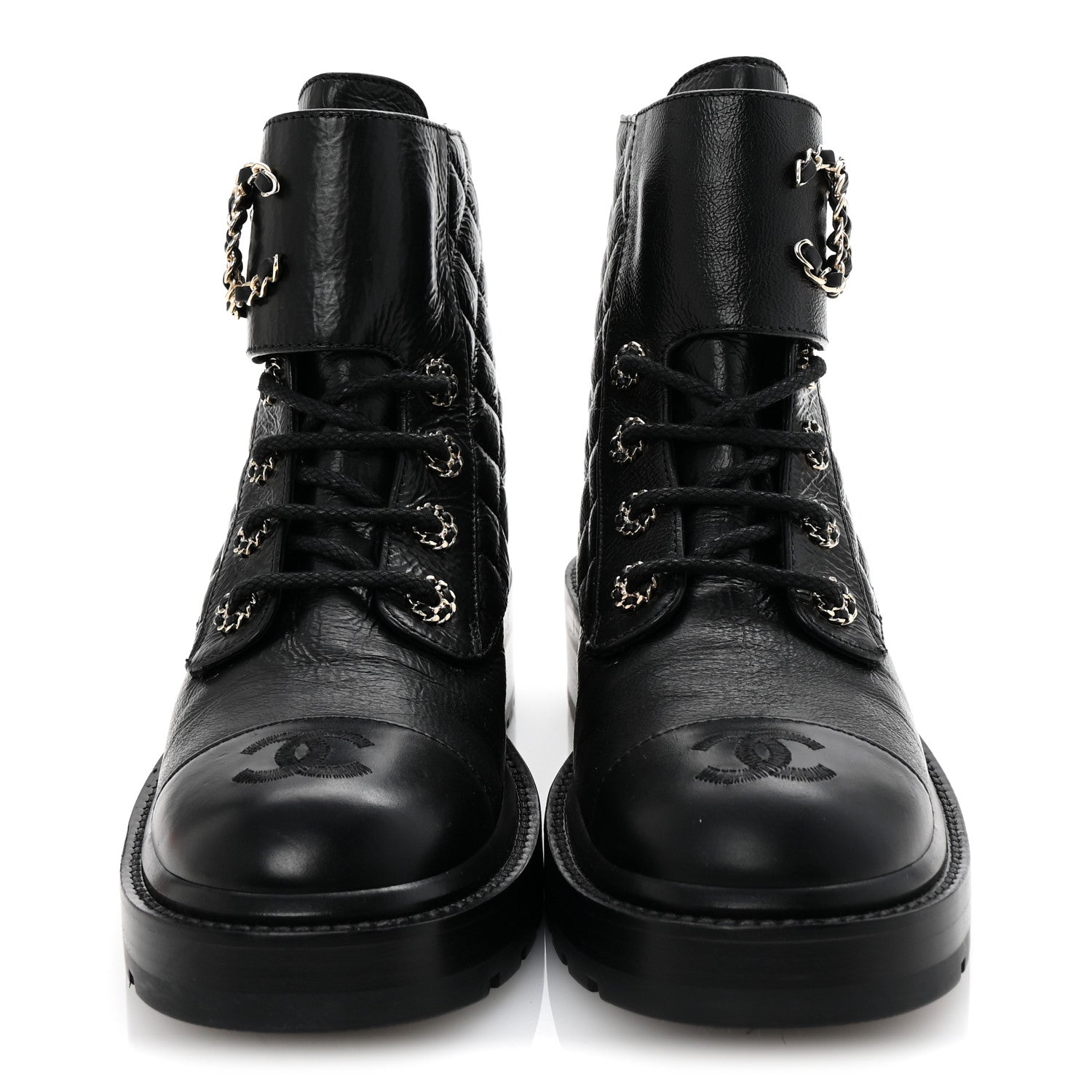 Chanel Shiny Lambskin Quilted Lace Up Combat Boots 38 Black 3 of 10