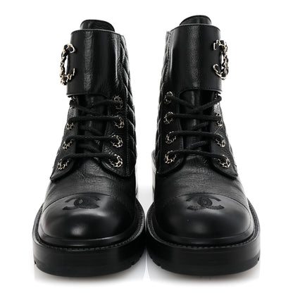 Chanel Shiny Lambskin Quilted Lace Up Combat Boots 38 Black 3 of 10