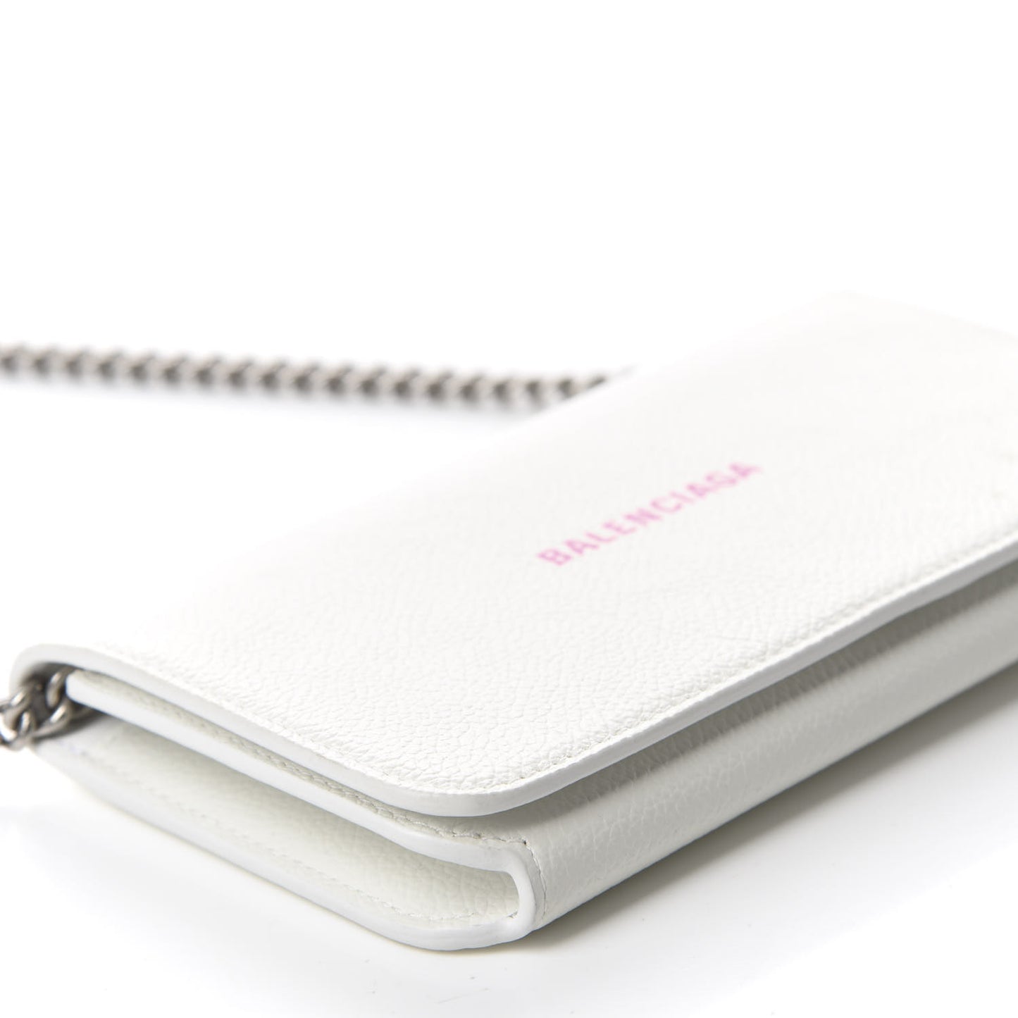 Grained Calfskin Logo Cash Phone Holder Wallet On Chain White Fluo Pink