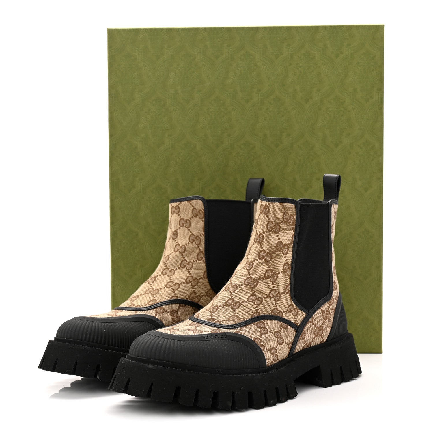 Gucci Monogram GG Mens Novo GG Canvas Chelsea Boots 10 Camel Ebony