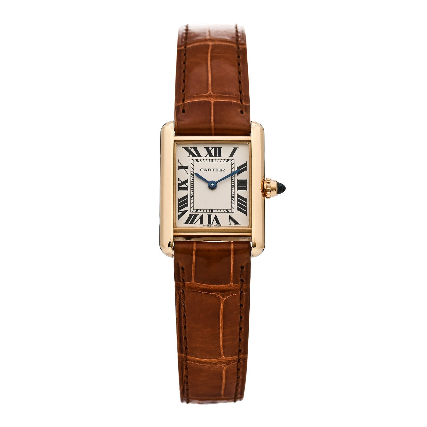 18K Yellow Gold Alligator 22mm Tank Louis Quartz Watch Brown