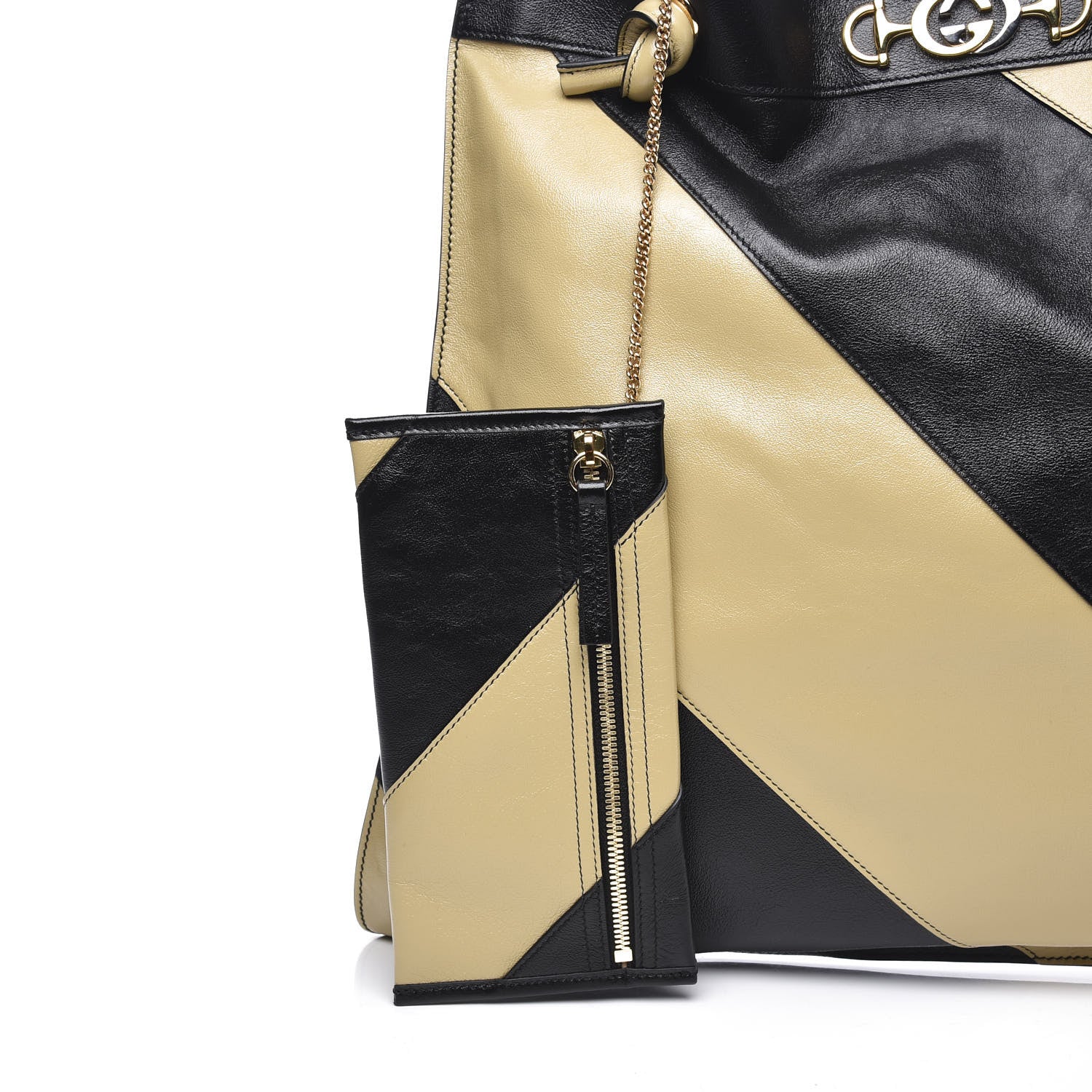 Gucci Smooth Calfskin Diagonal Striped Zumi Tote Black Beige 13 of 13