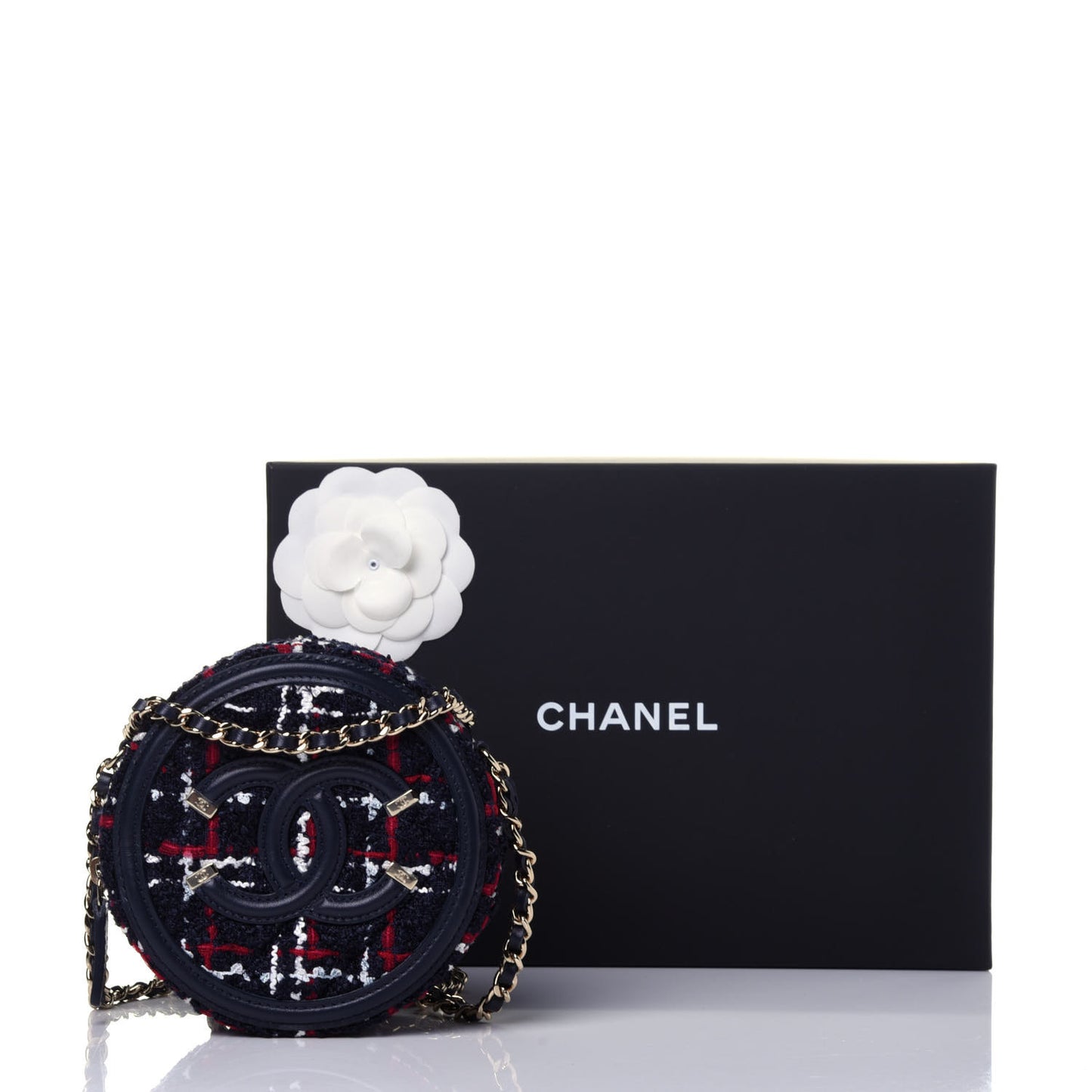 Tweed Quilted Round Filigree Clutch With Chain Navy Blue