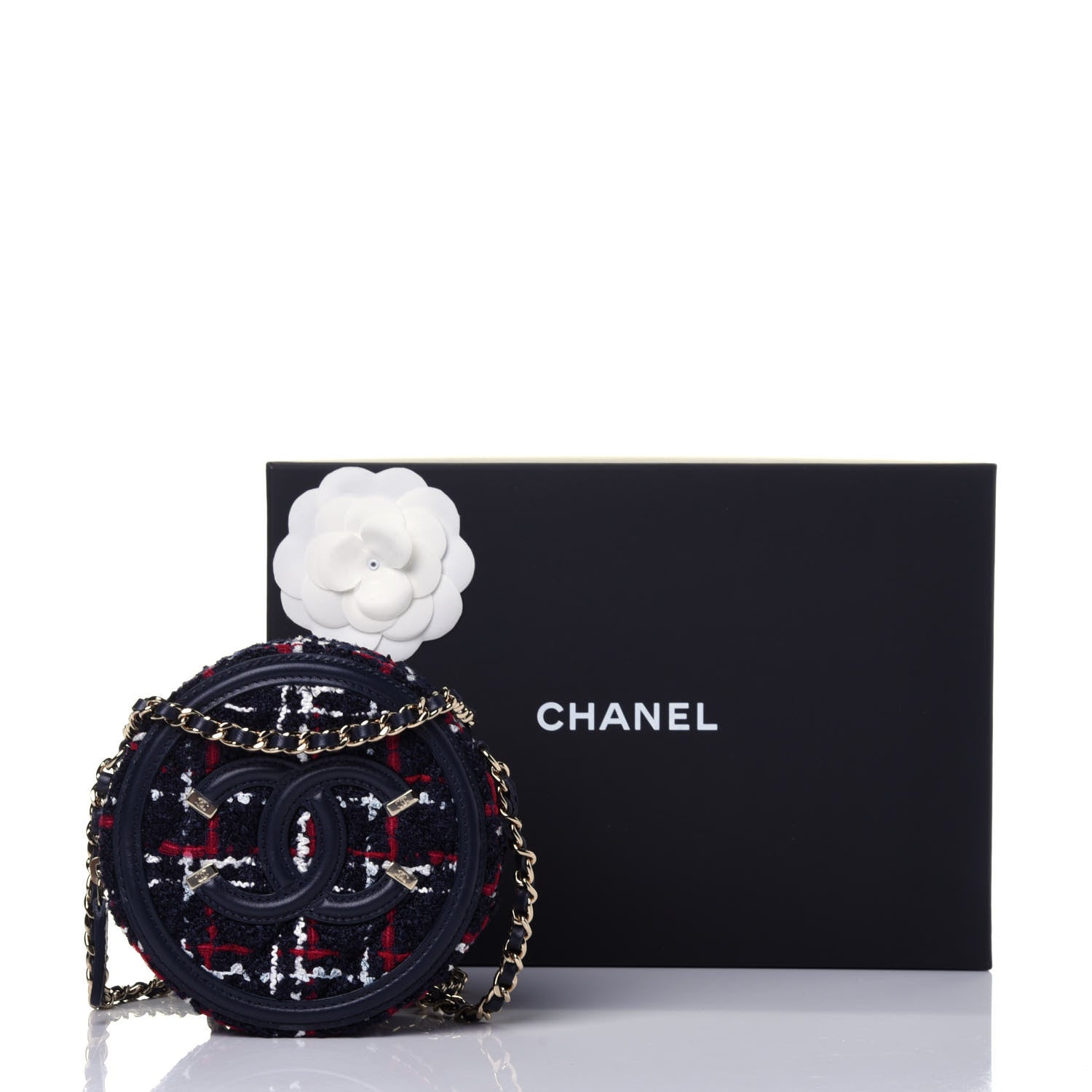 Chanel Tweed Quilted Round Filigree Clutch With Chain Navy Blue 10 of 10