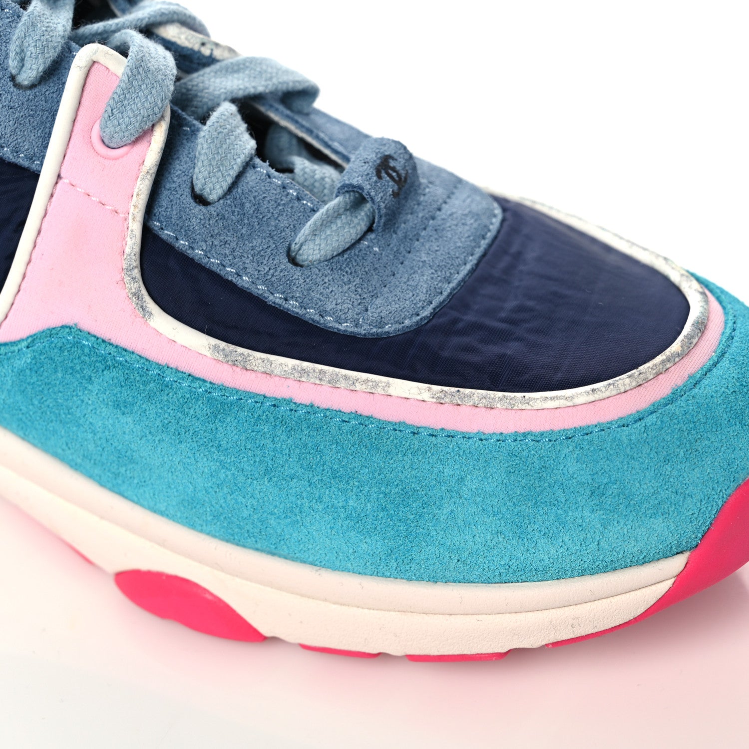 Chanel Nylon Calfskin Suede CC Sneakers 39.5 Navy Turquoise 8 of 16