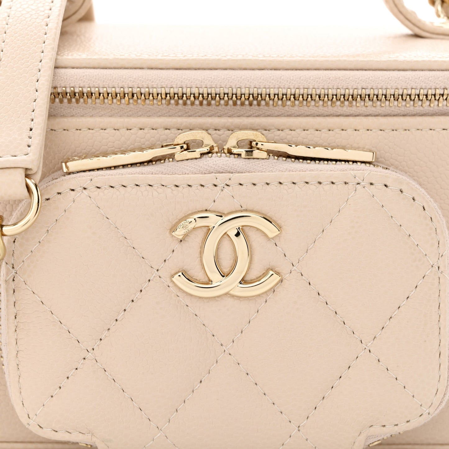 Caviar Quilted Top Handle Pocket Vanity Case Beige