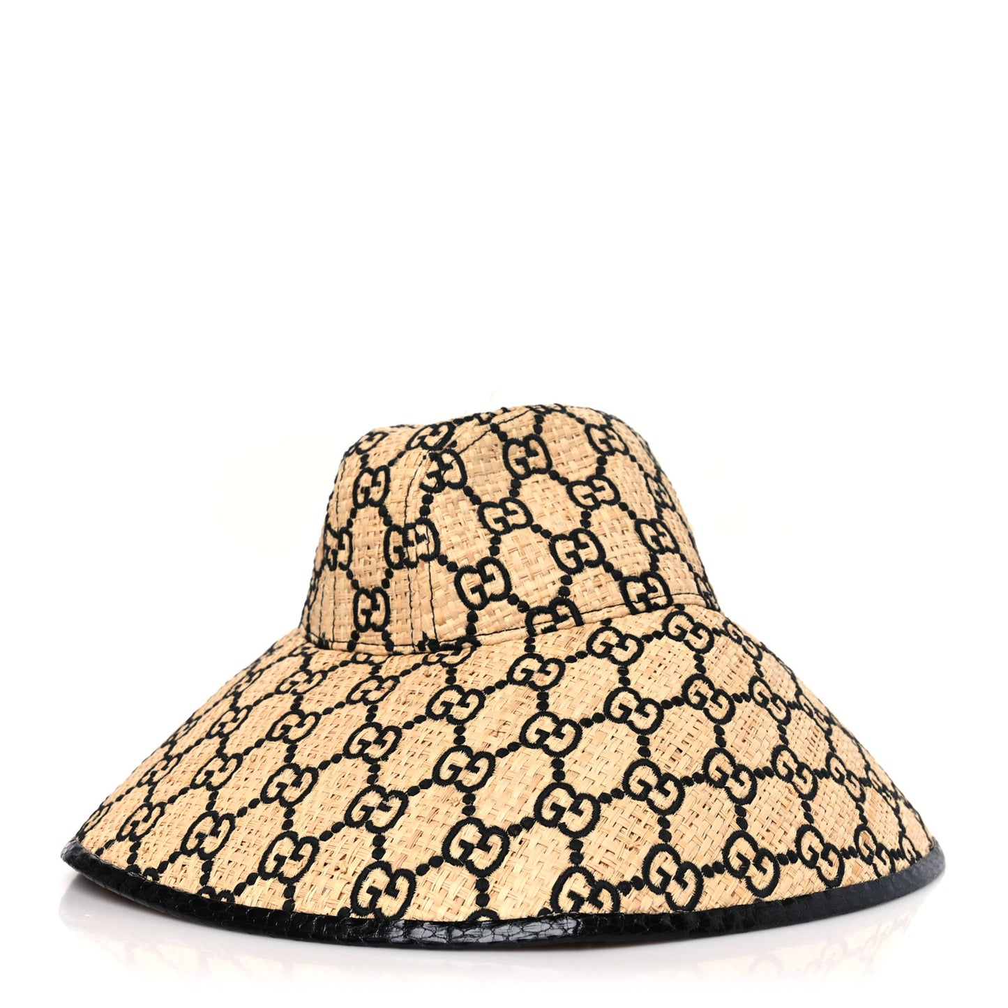 Raffia Elaphe GG Monogram Embroidered Wide Brim Hat Medium Ivory Black