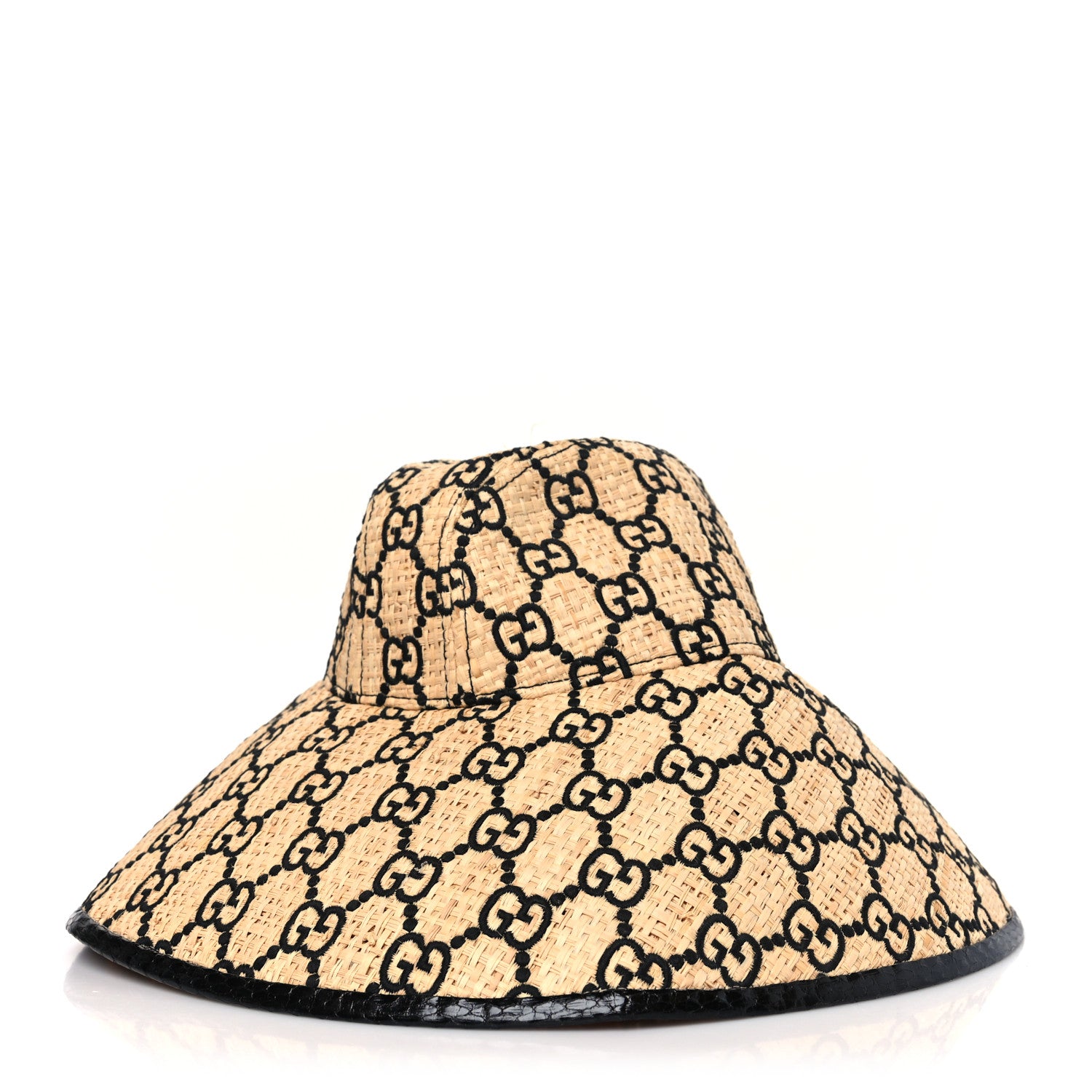 Gucci Raffia Elaphe GG Monogram Embroidered Wide Brim Hat Medium Ivory Black 1 of 9
