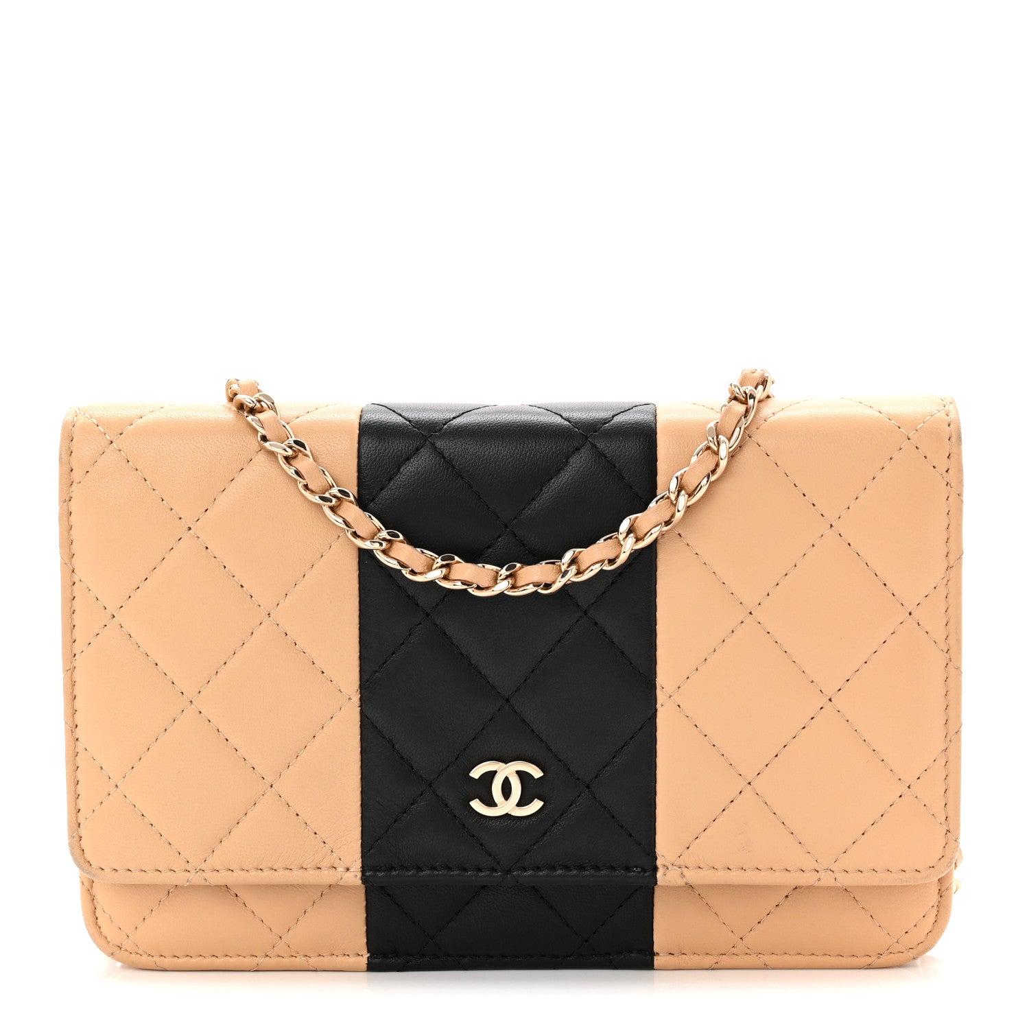 Chanel Lambskin Quilted Wallet On Chain WOC Beige Black 1 of 23