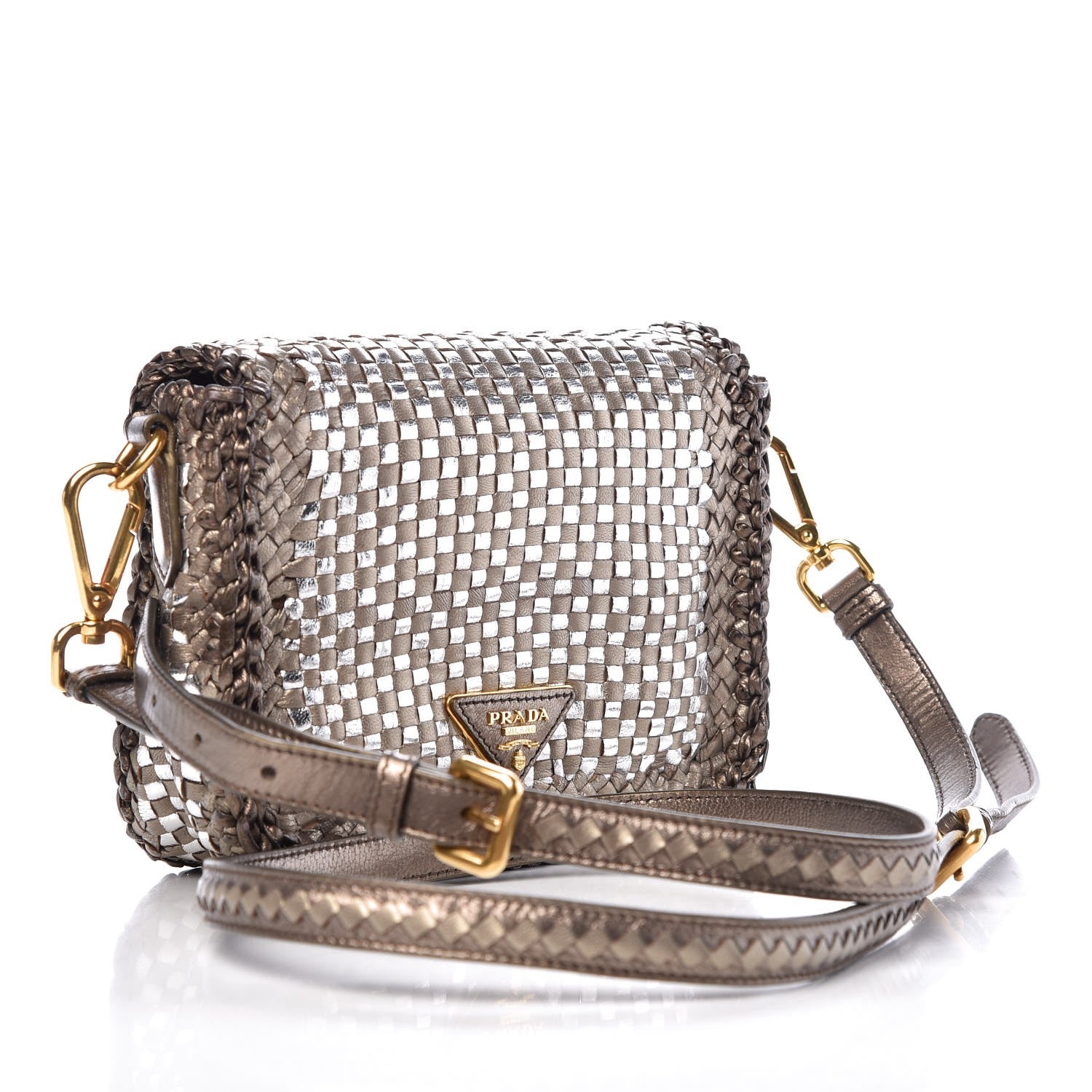 Prada Goatskin Woven Flap Crossbody Bag Argento 3 of 8