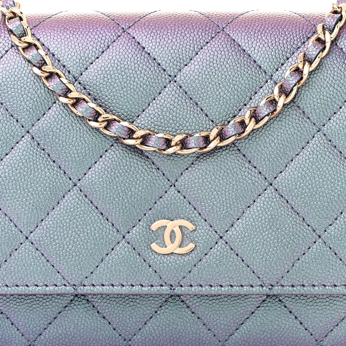 Iridescent Caviar Quilted Wallet on Chain WOC Dark Blue