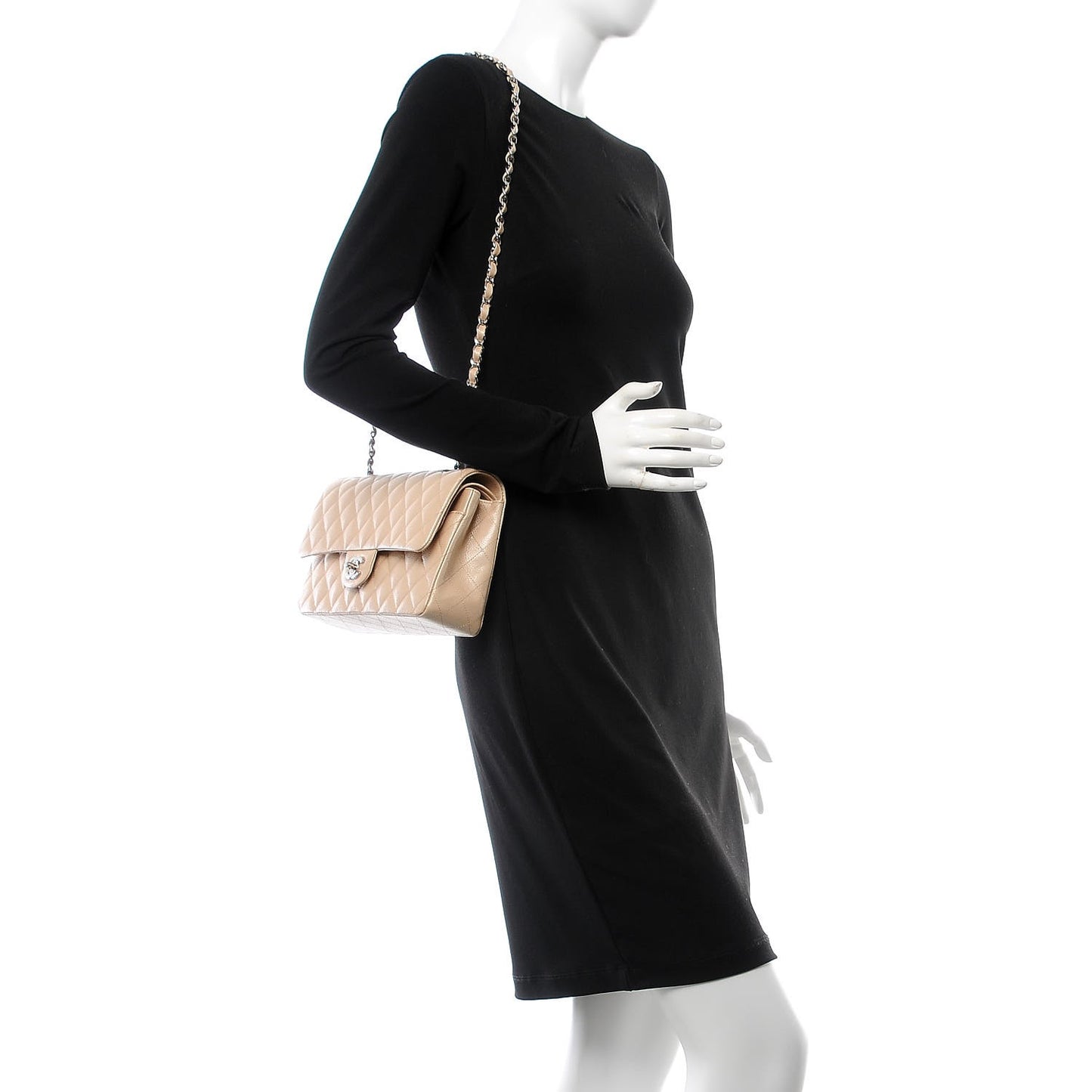 Iridescent Caviar Quilted Medium Double Flap Beige Clair