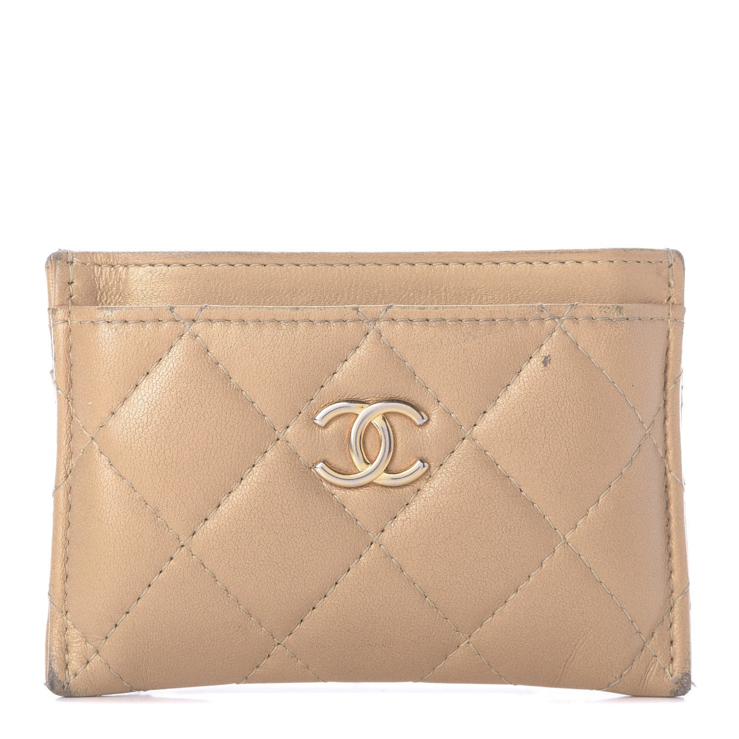 Metallic Lambskin Quilted Card Holder Beige