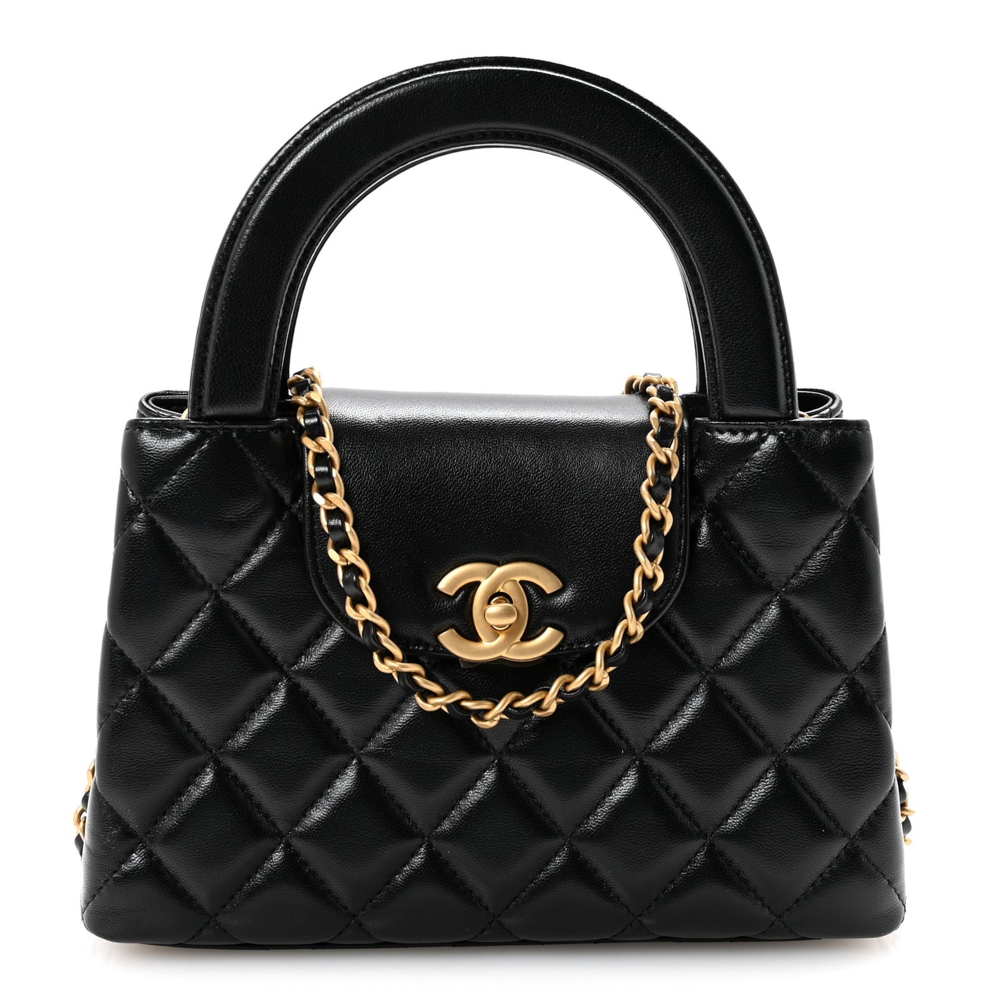 Shiny Aged Calfskin Quilted Nano Kelly Shopper Black