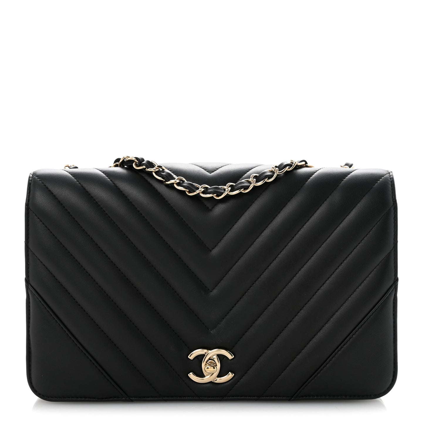 Calfskin Chevron Quilted Large Statement Flap Black