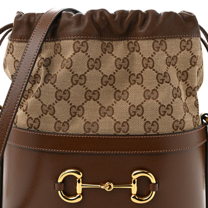 Gucci Monogram Textured Calfskin Horsebit 1955 Drawstring Bucket Bag Beige Brown Sugar 8 of 10