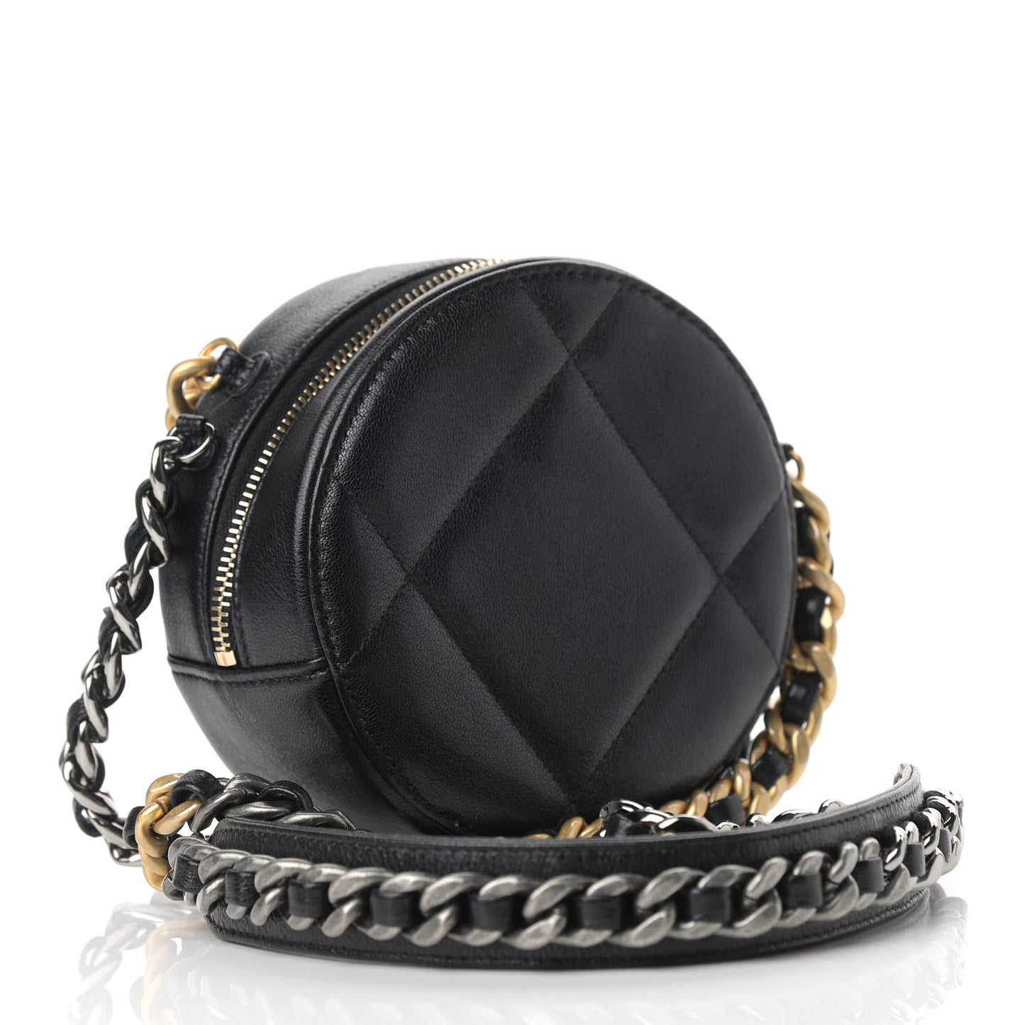 Shiny Goatskin Quilted Chanel 19 Round Clutch With Chain Black