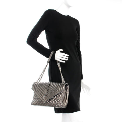 Saint Laurent Metallic   Metallic Calfskin Mixed Matelasse Triquilt Large Monogram Envelope Satchel Graphite 3 of 9