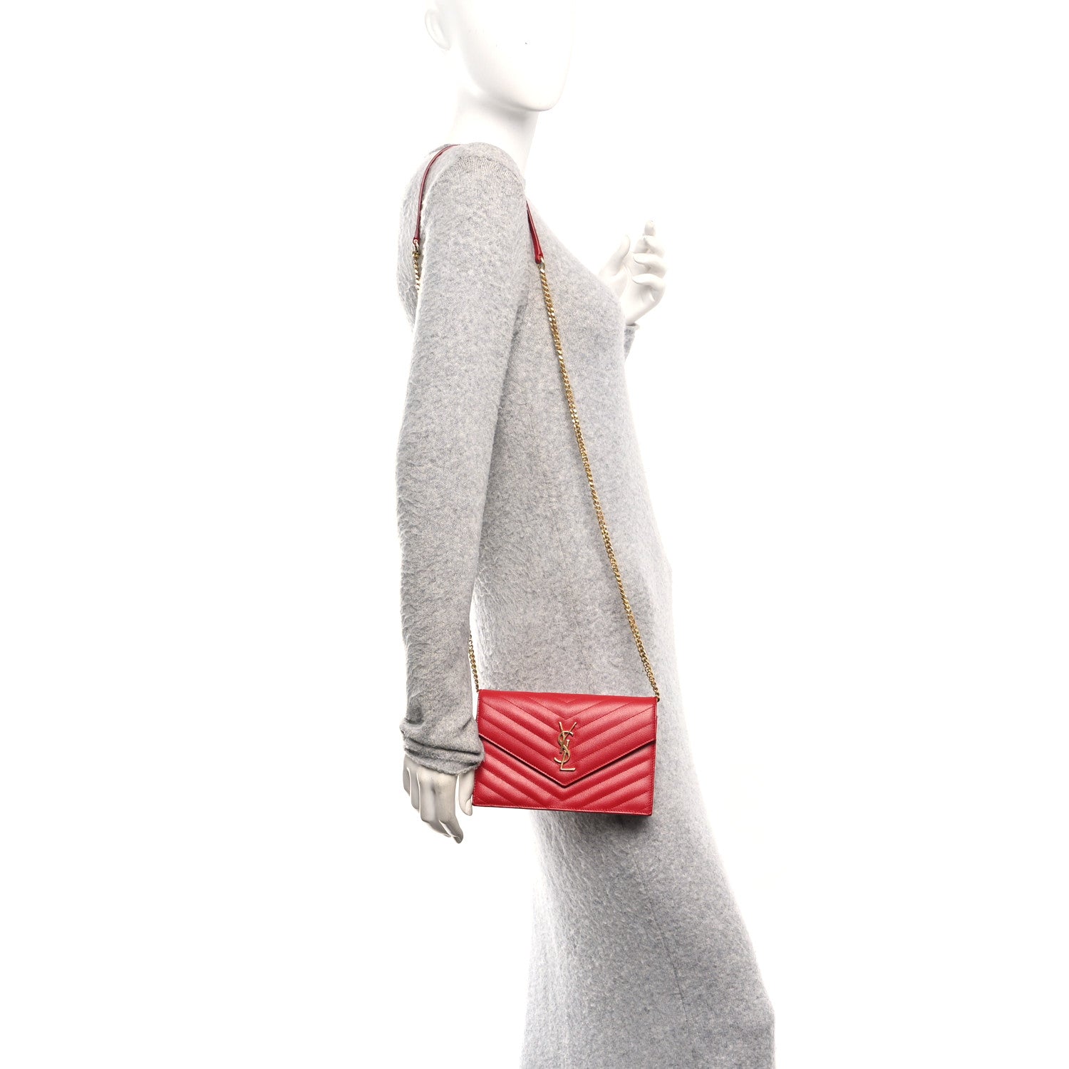 Saint Laurent Grain De Poudre Matelasse Chevron Monogram Envelope Chain Wallet New Red 2 of 10