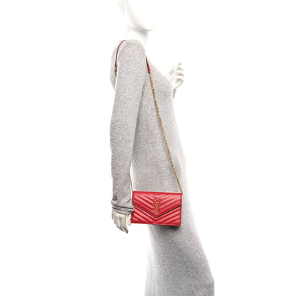 Saint Laurent Grain De Poudre Matelasse Chevron Monogram Envelope Chain Wallet New Red 2 of 10