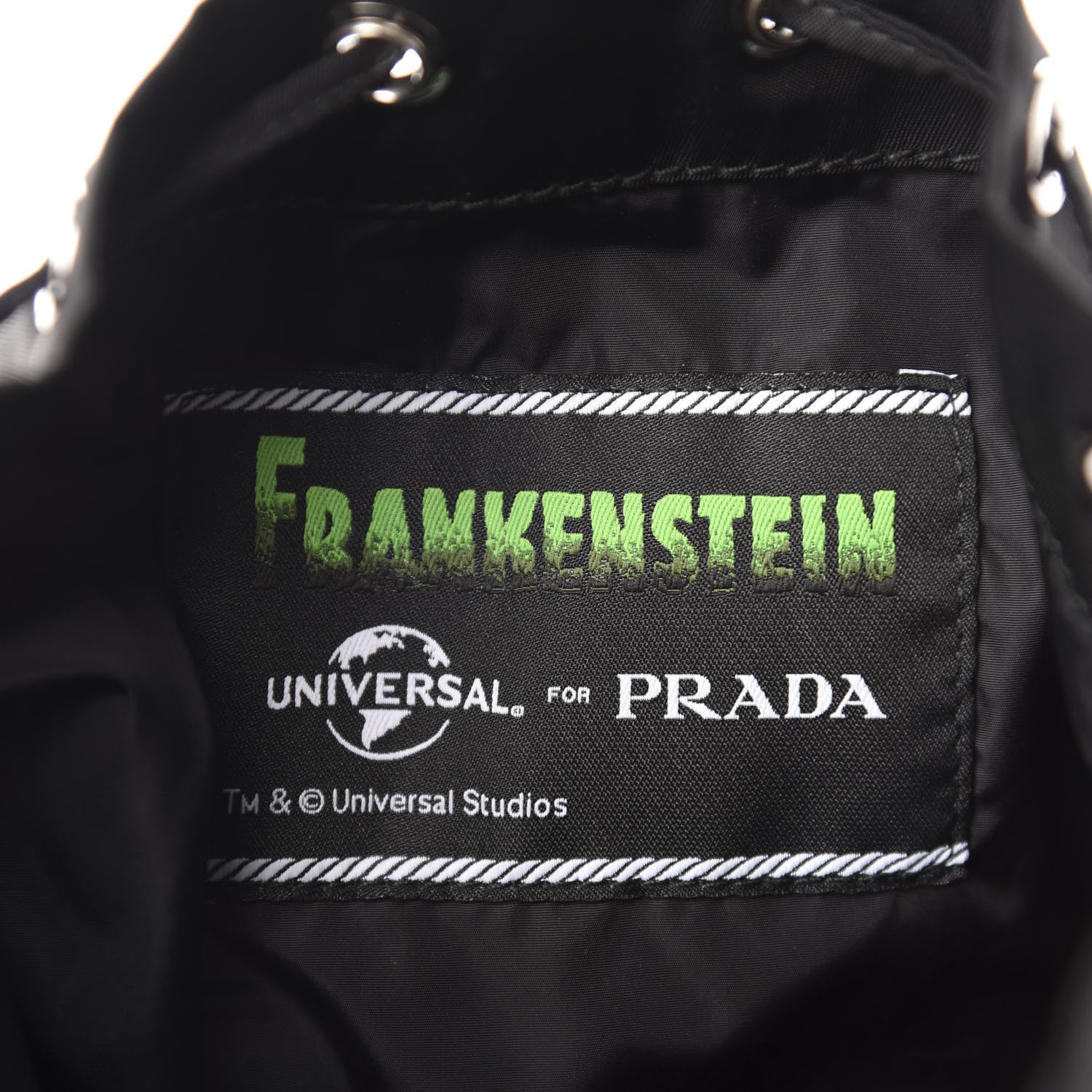 Prada X UNIVERSAL STUDIOS Tessuto Nylon Saffiano Frankenstein Heart Drawstring Wristlet Bucket Bag Fuxia 9 of 12