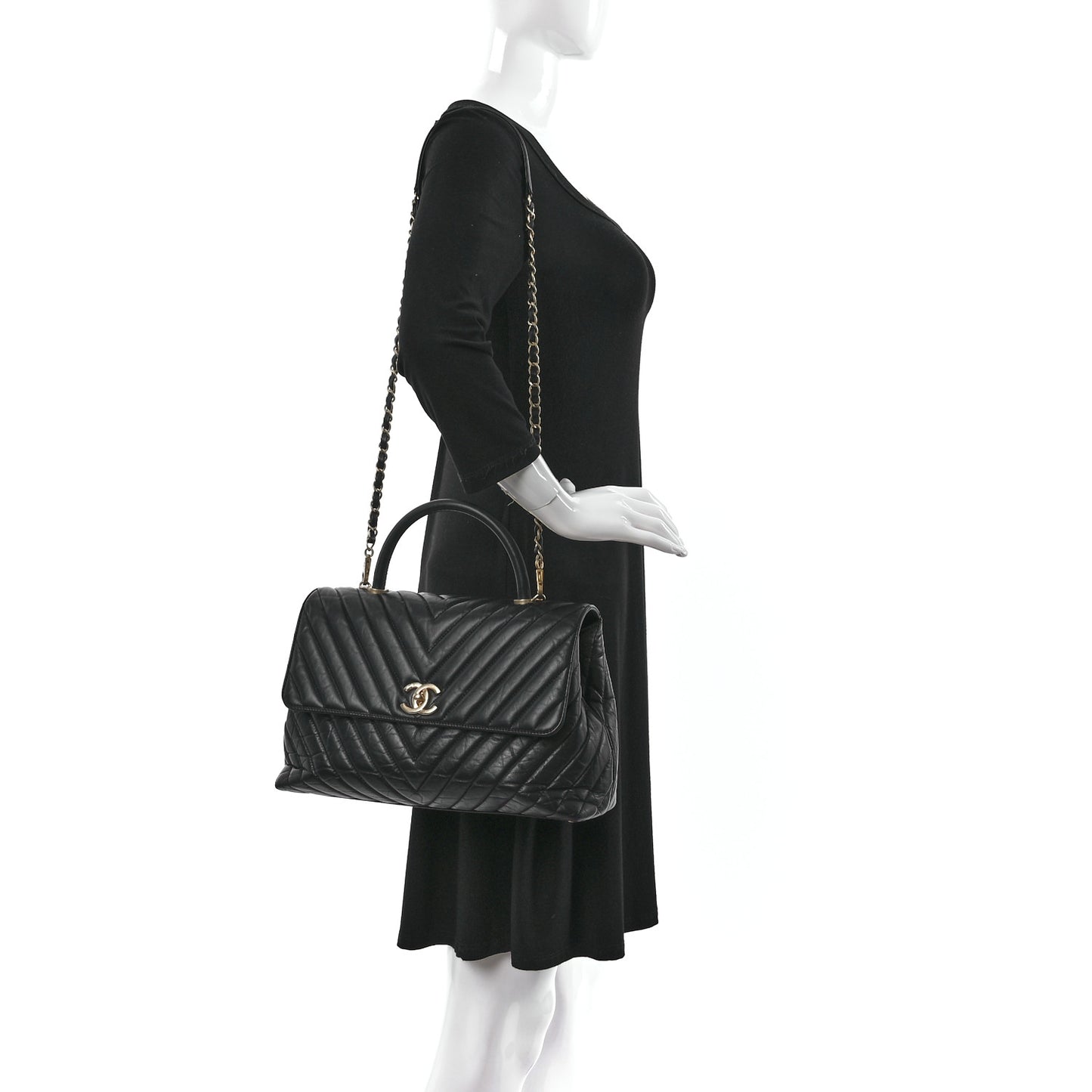 Calfskin Chevron Quilted Medium Coco Handle Flap Black