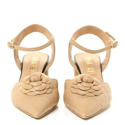 Chanel Lambskin Quilted Camellia Ankle Strap Pumps 36.5 Black 37.5 Beige 2 of 14