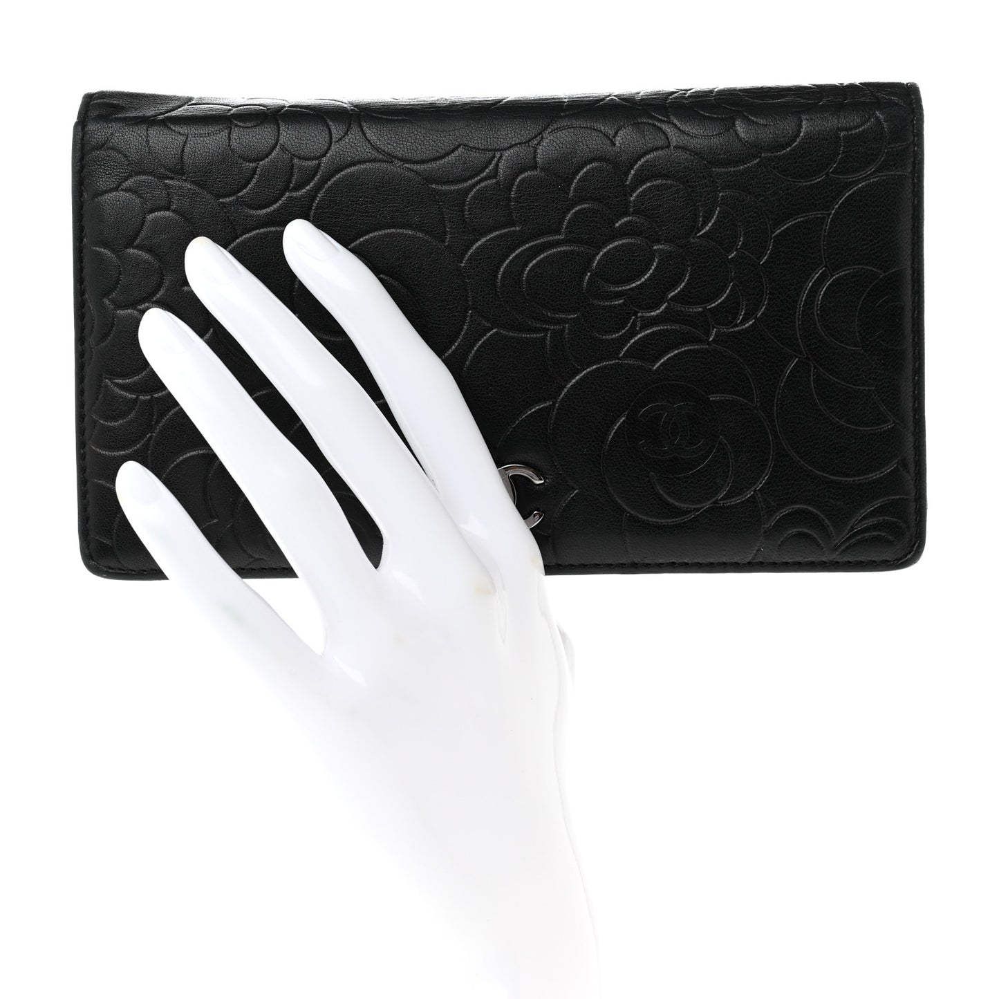Lambskin Camellia Embossed Yen Wallet Black