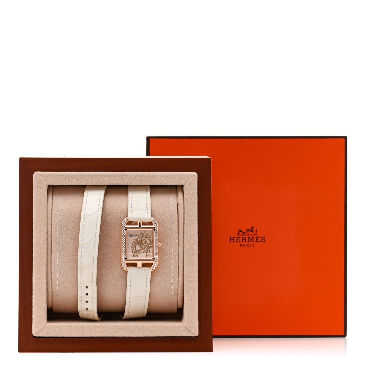Hermes 18K Rose Gold Alligator Diamond Bezel 23mm Cape Cod Chaine d'Ancre Joaillier Double Tour Quartz Watch Blanc 5 of 5