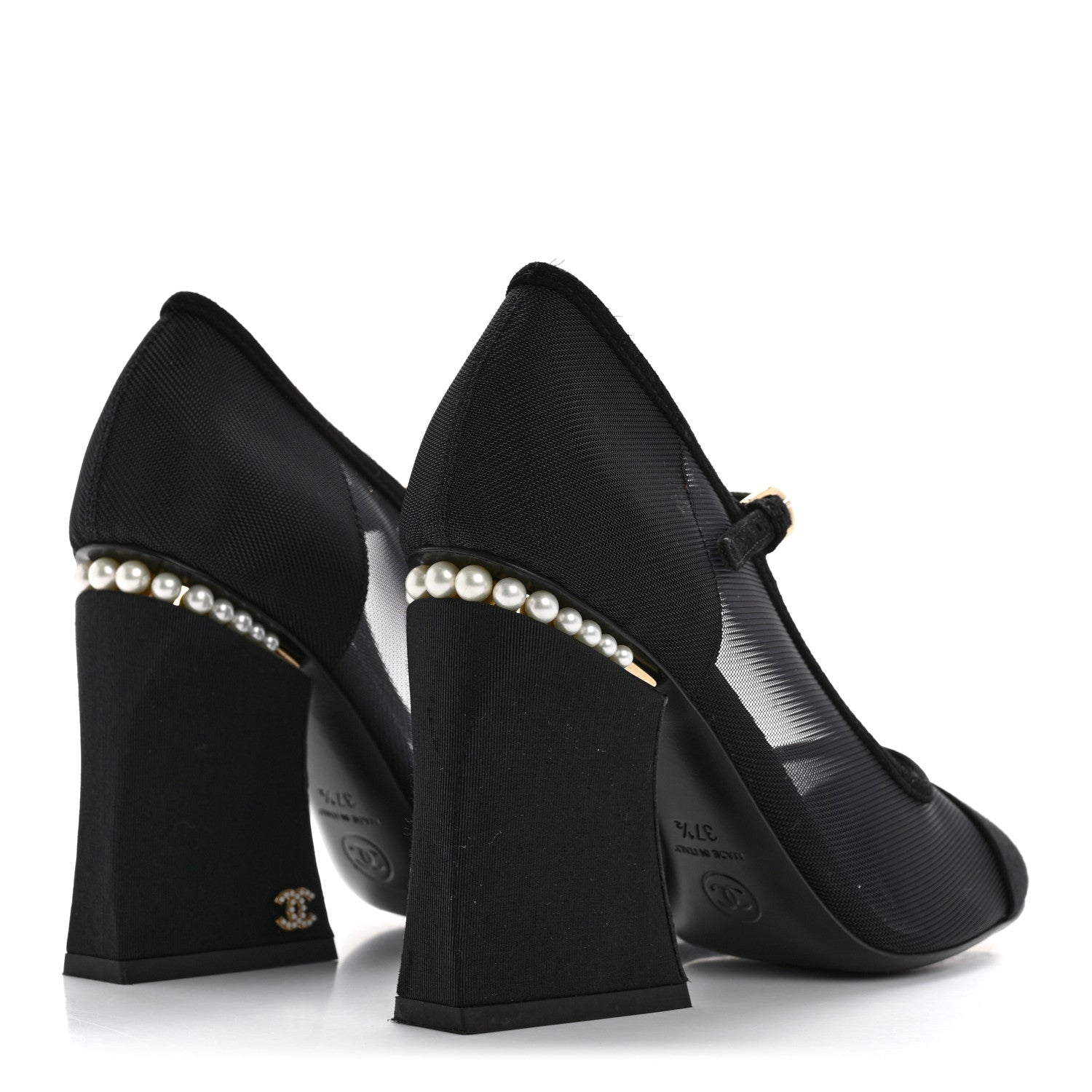 Chanel Mesh Suede Grosgrain Pearls Cap Toe Mary Jane Pumps  37.5 Black 5 of 14