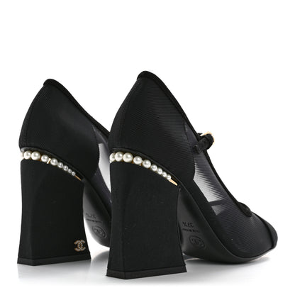 Chanel Mesh Suede Grosgrain Pearls Cap Toe Mary Jane Pumps  37.5 Black 5 of 14