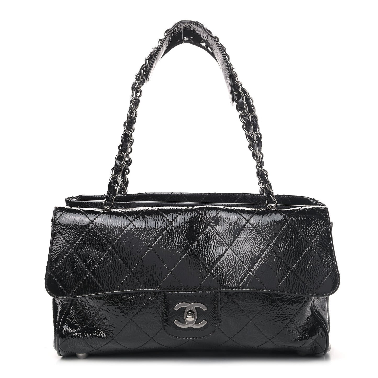 Distressed Patent Quilted Small Ritz Flap Bag Black