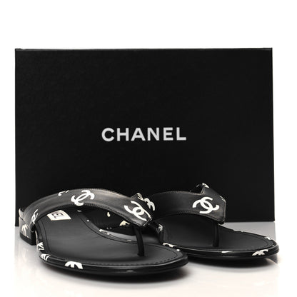 Chanel Printed Lambskin Coco Beach Thong Sandals 39 Black White 9 of 9