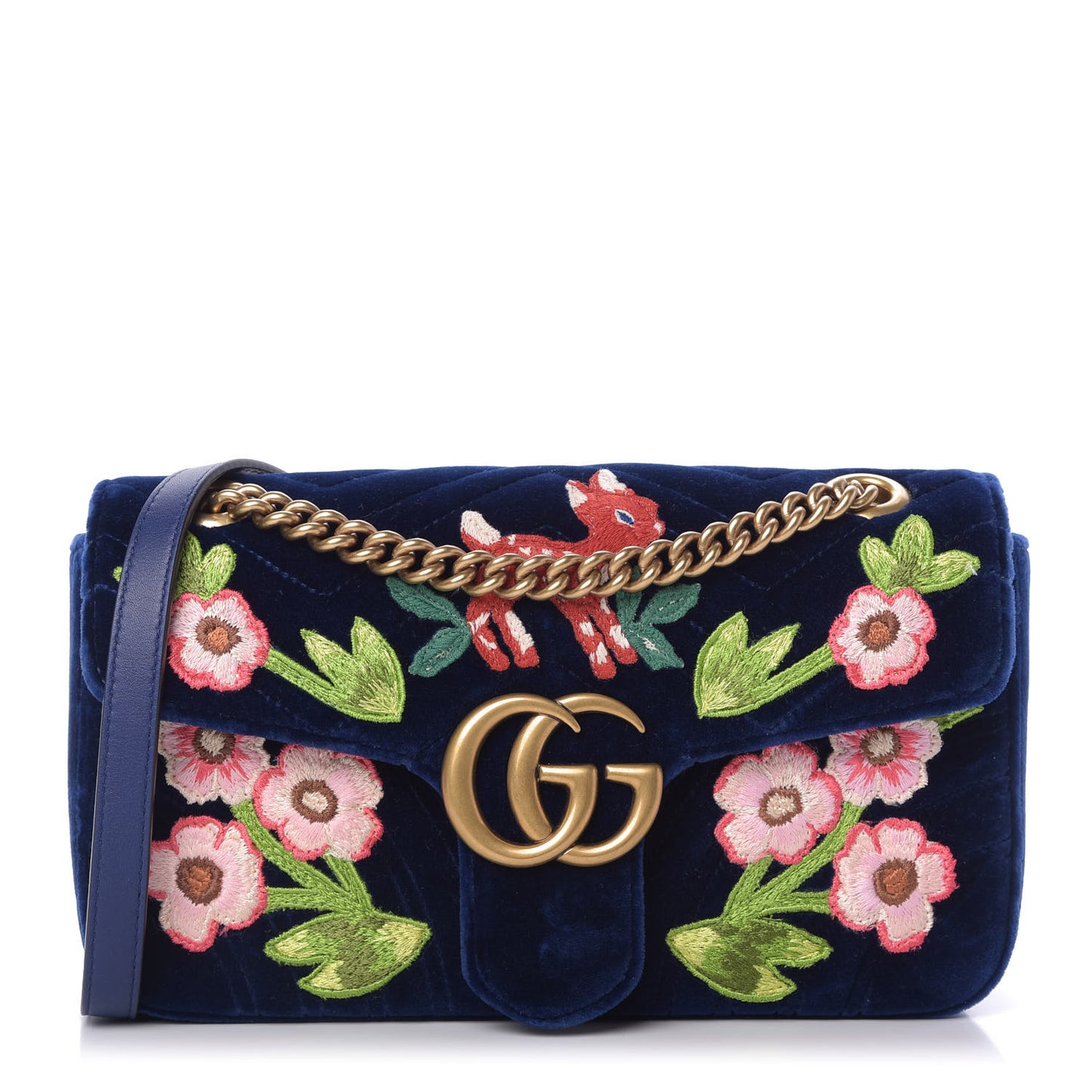 Velvet Matelasse Deer Embroidered Small GG Marmont Shoulder Bag Cobalt