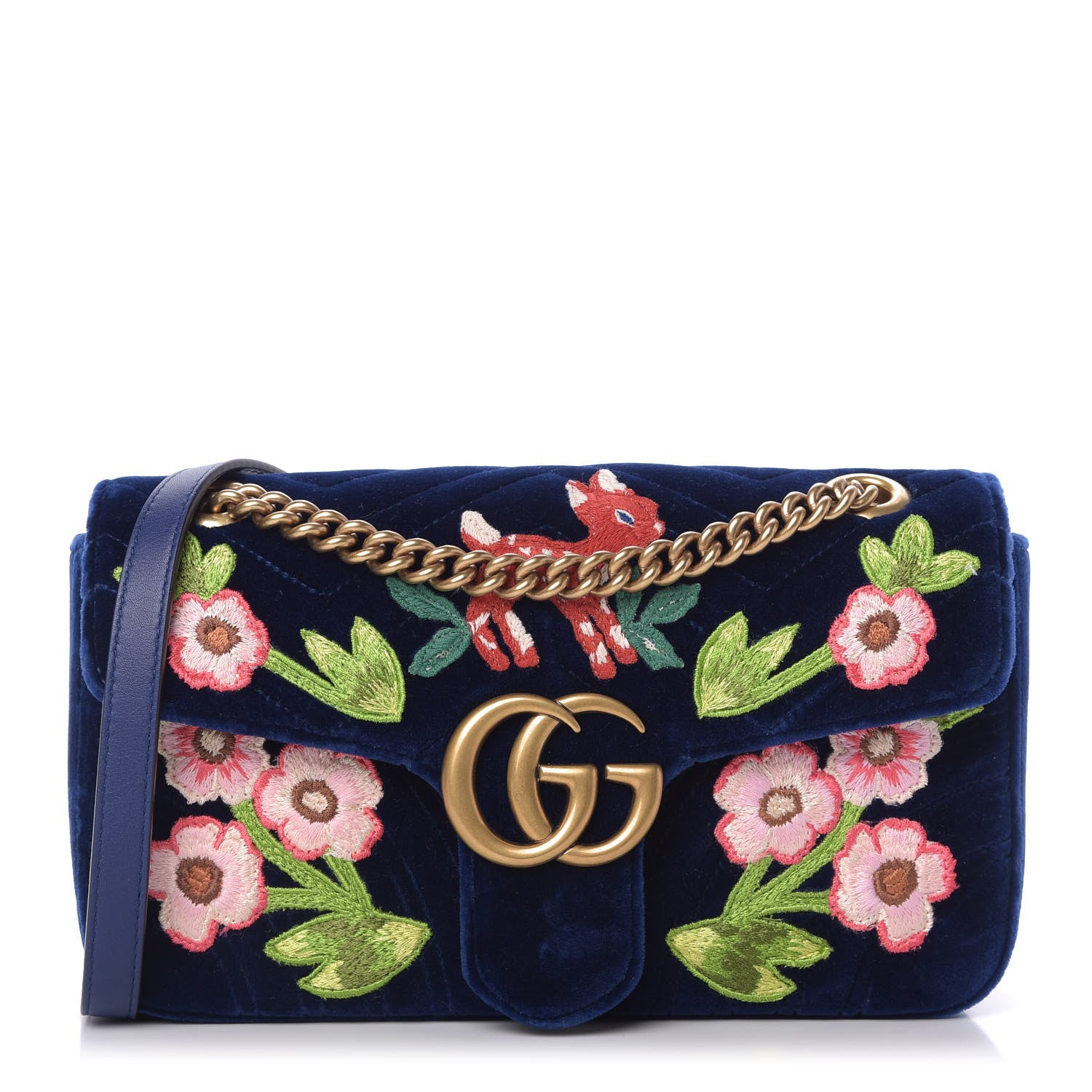 Gucci Velvet Matelasse Deer Embroidered Small GG Marmont Shoulder Bag Cobalt 1 of 10