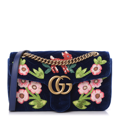 Gucci Velvet Matelasse Deer Embroidered Small GG Marmont Shoulder Bag Cobalt 1 of 10