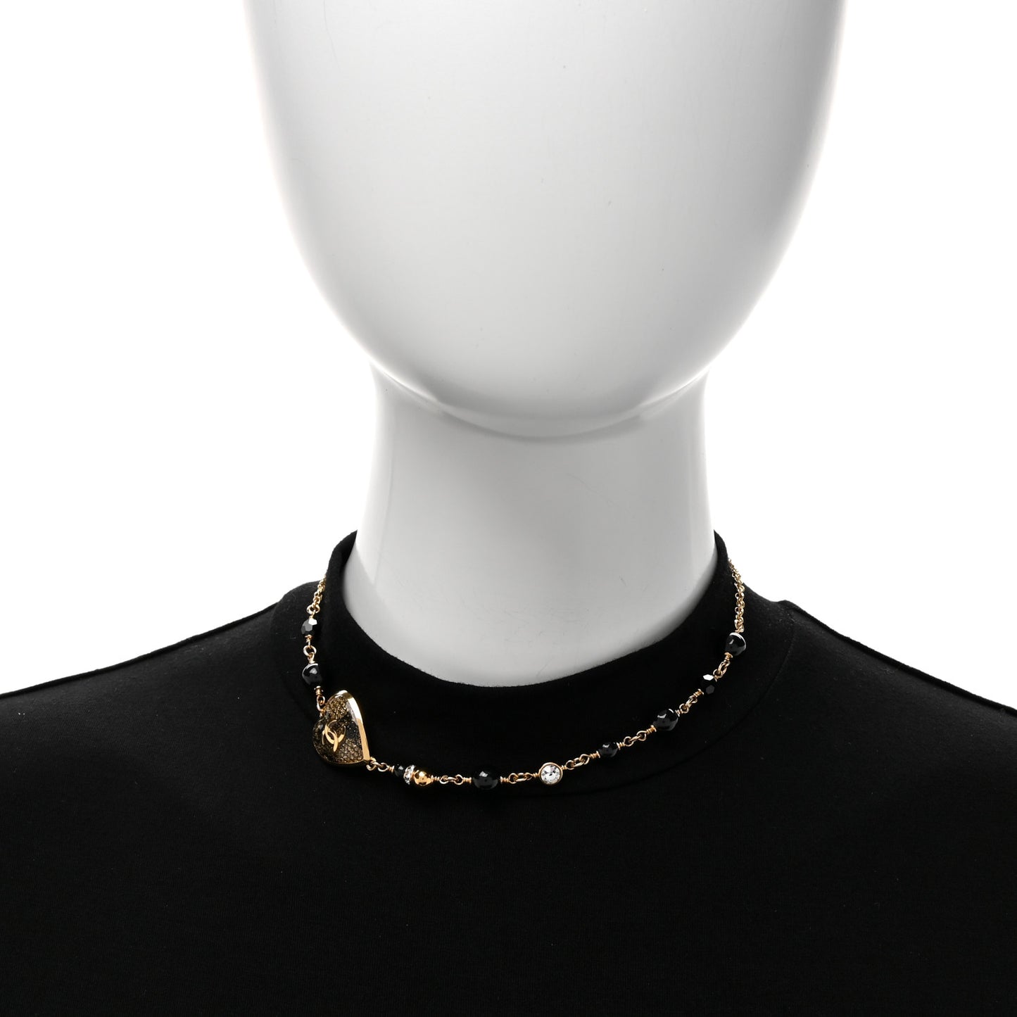 Metal Lace Resin Glass Pearls Strass CC Heart Choker Necklace Gold Black