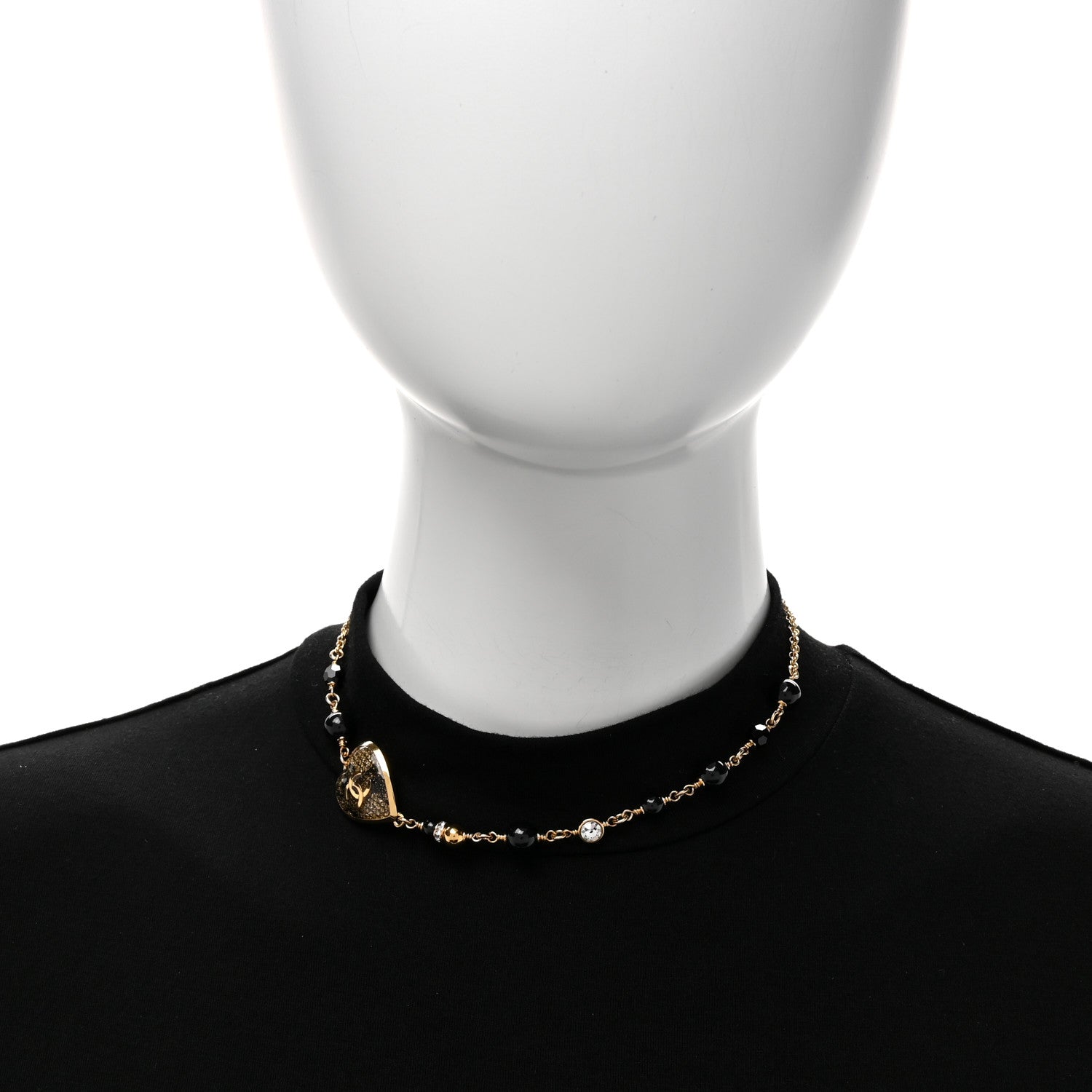 Chanel Metal Lace Resin Glass Pearls Strass CC Heart Choker Necklace Gold Black 2 of 5