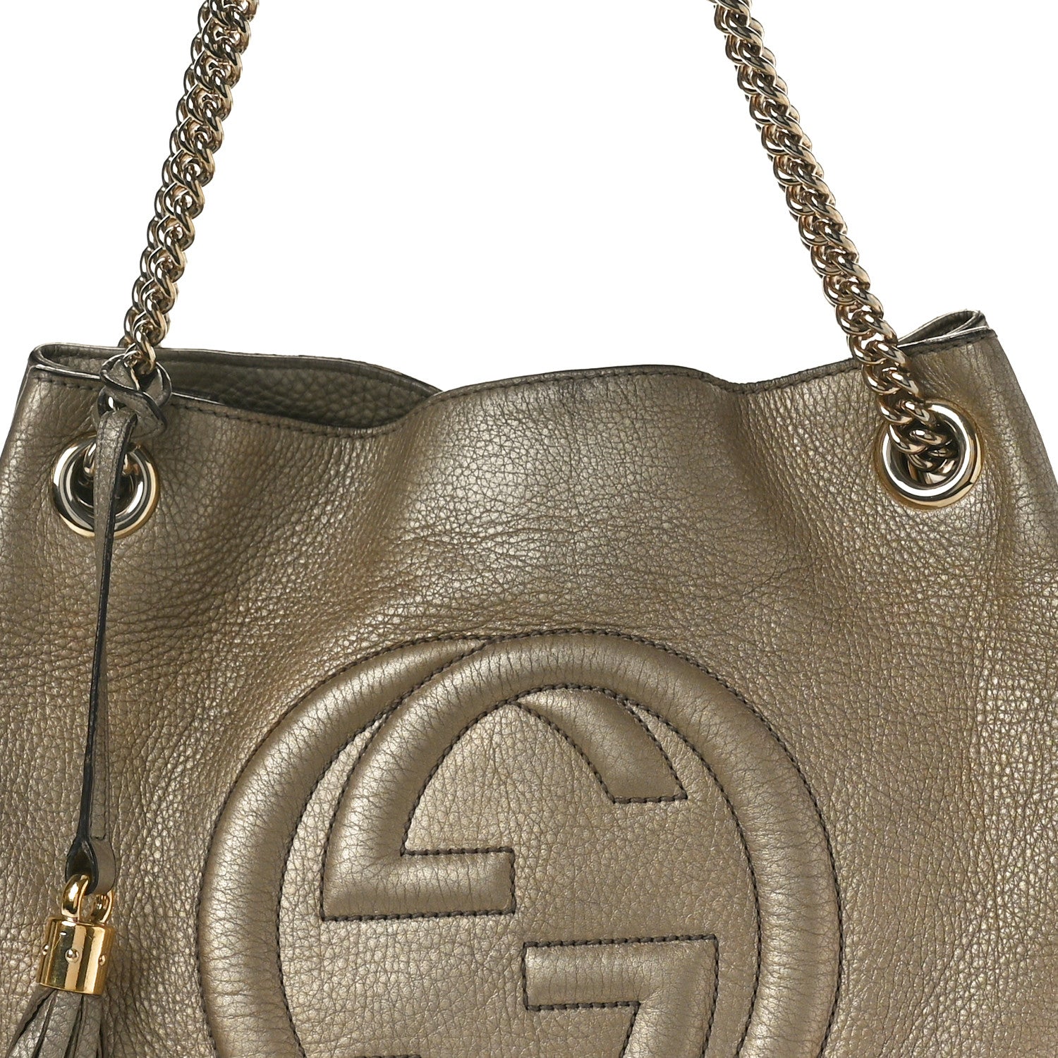Gucci Metallic Pebbled Calfskin Medium Soho Chain Shoulder Bag Golden Beige 8 of 13