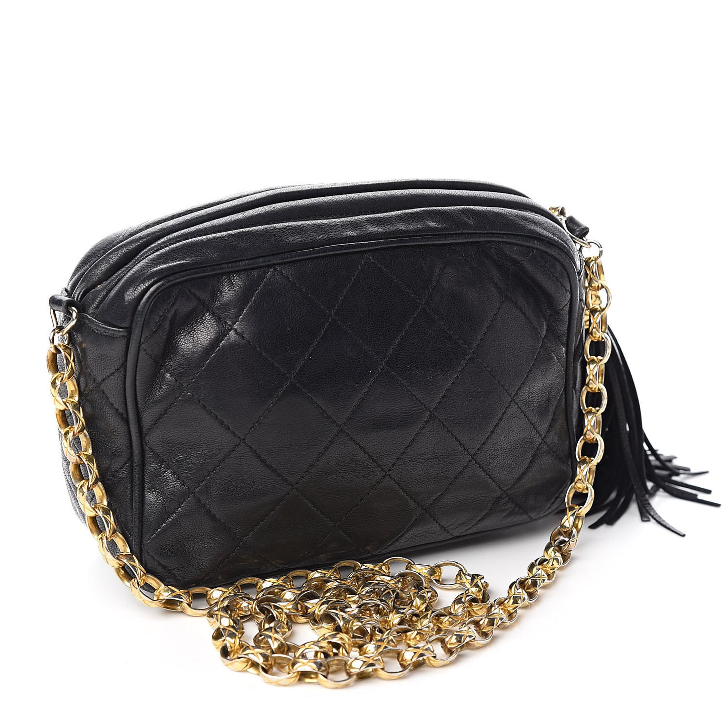 Lambskin Quilted Tassel Camera Case Black