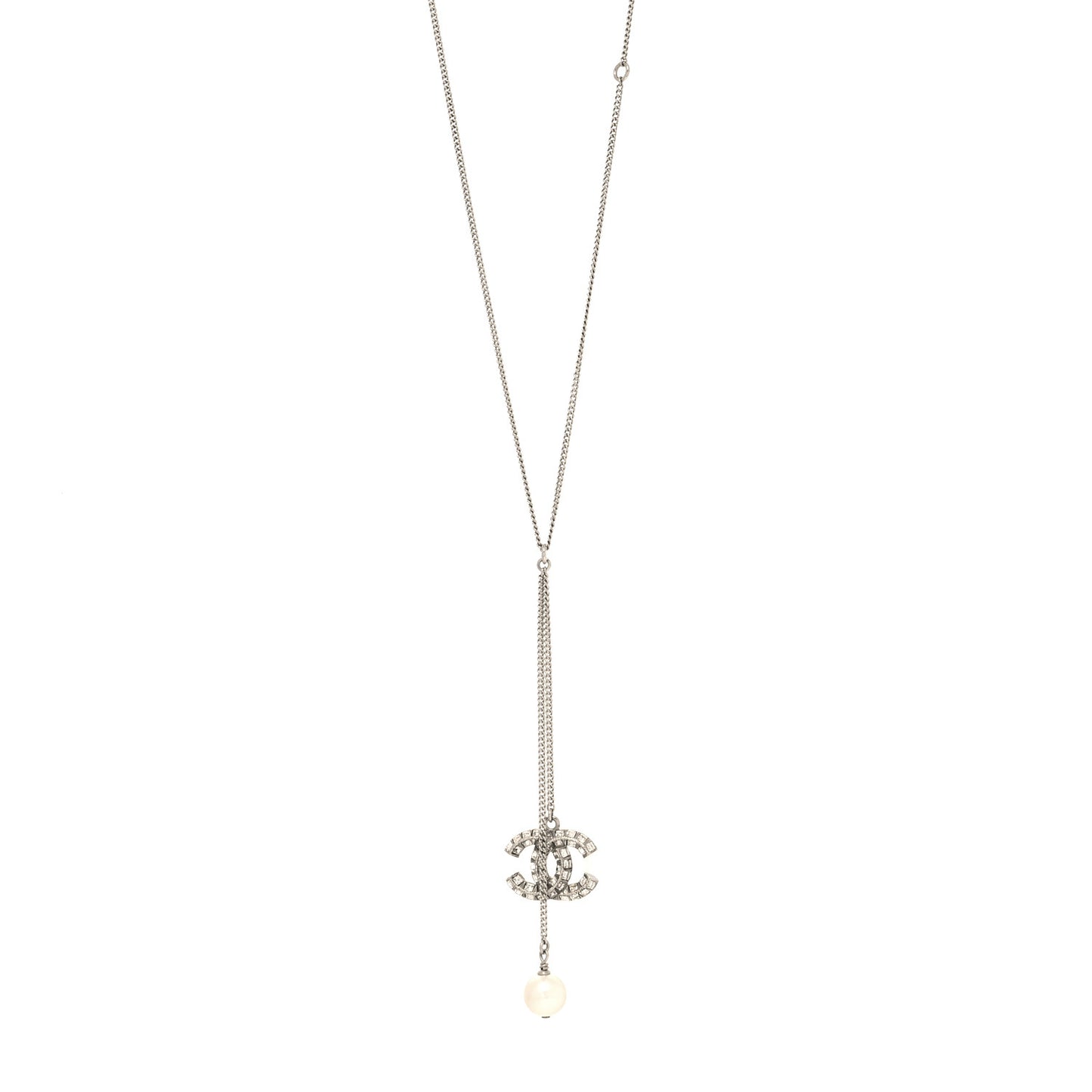 Baguette Crystal Pearl CC Lariat Necklace Silver