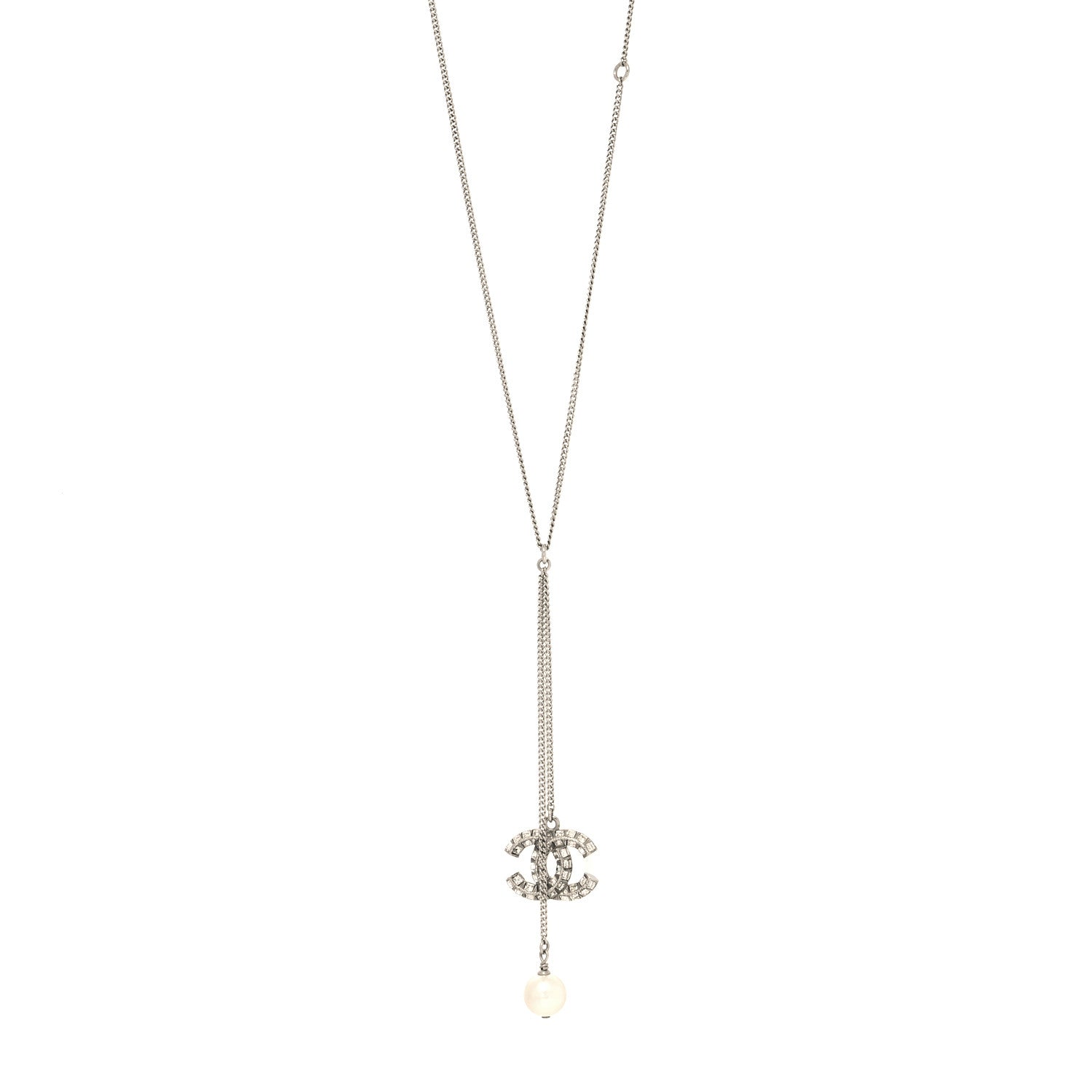 Chanel Baguette Crystal Pearl CC Lariat Necklace Silver 1 of 5