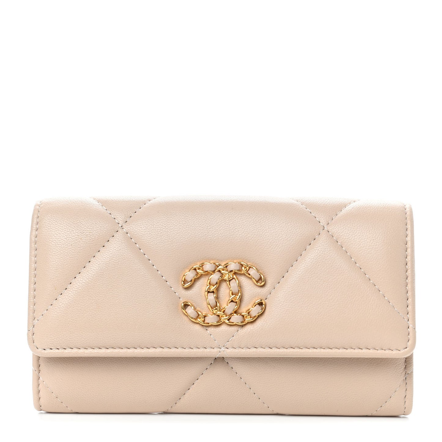 Shiny Goatskin Quilted Chanel 19 Flap Wallet Beige
