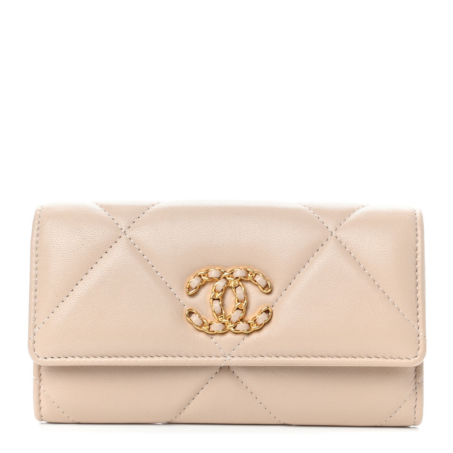 Chanel Shiny Goatskin Quilted Chanel 19 Flap Wallet Beige 1 of 4