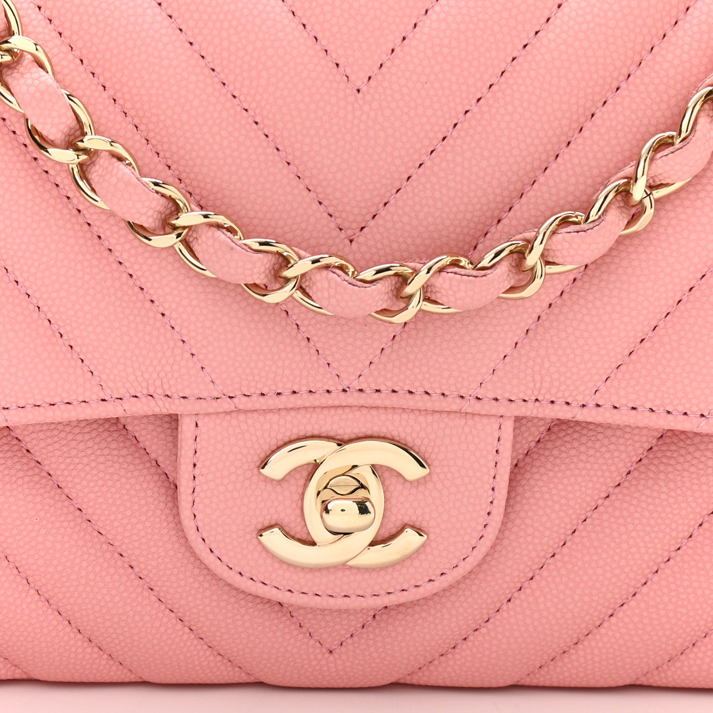 Caviar Flat Chevron Quilted Medium Double Flap Pink