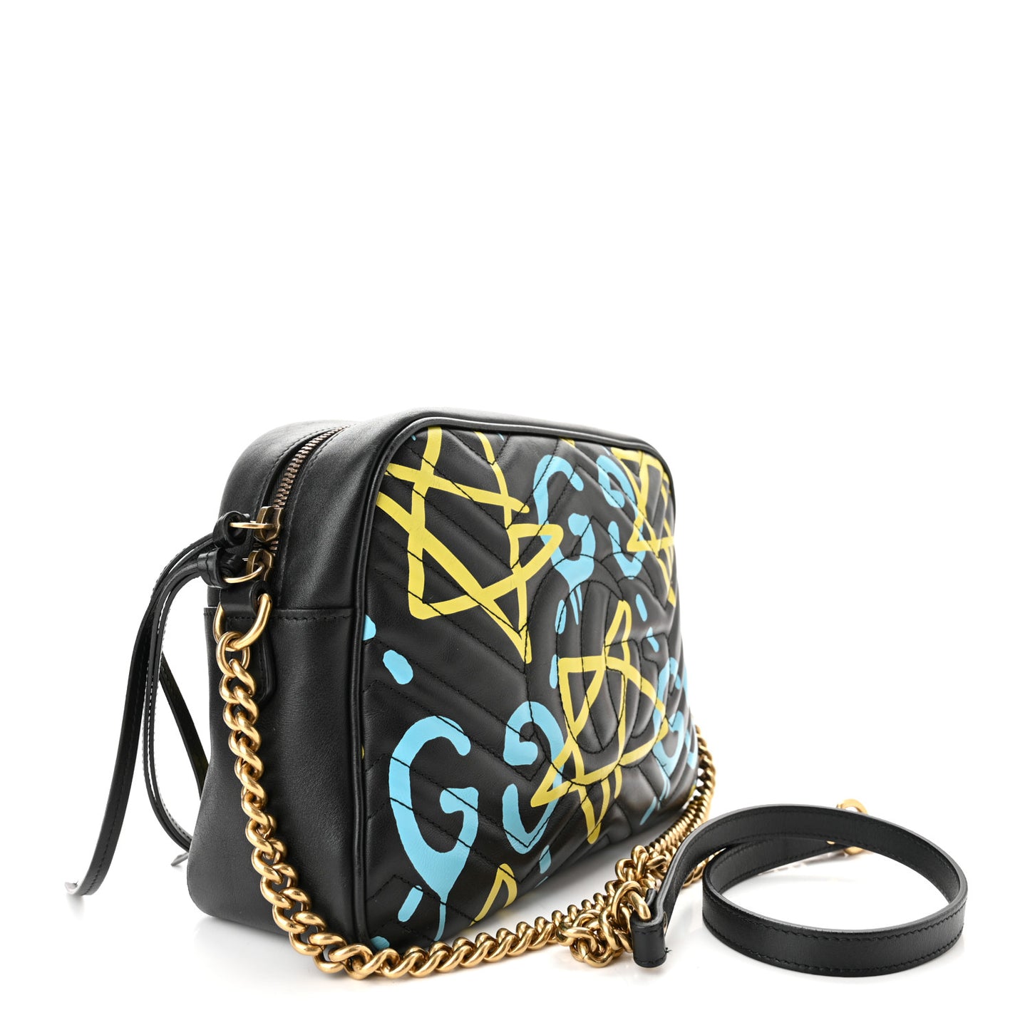 Calfskin Matelasse GucciGhost Medium GG Marmont Chain Shoulder Bag Black New Aquamarine
