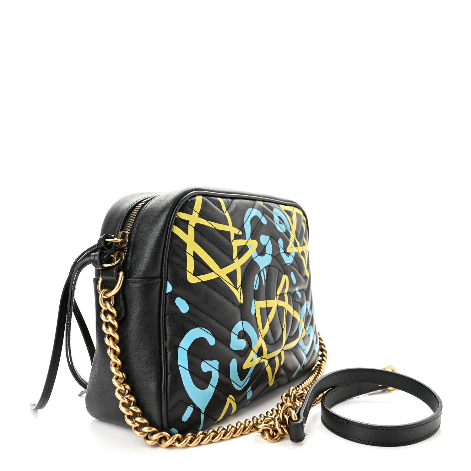 Gucci Calfskin Matelasse GucciGhost Medium GG Marmont Chain Shoulder Bag Black New Aquamarine 3 of 10