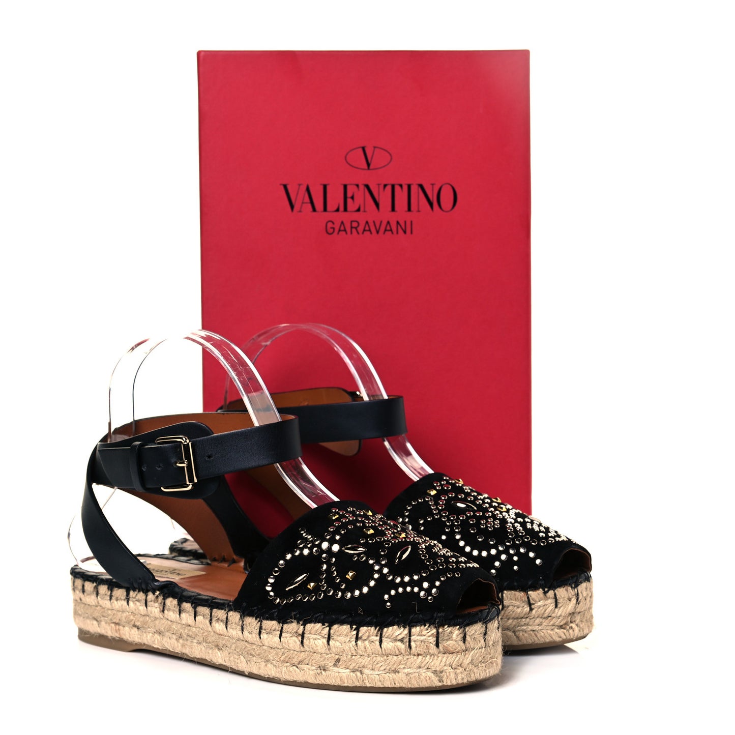 Suede Studded Peep Toe Ankle Wrap Flatform Espadrilles 38 Black