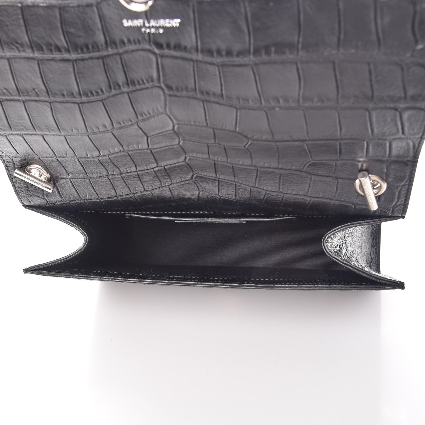 Calfskin Crocodile Embossed Medium Classic Monogram Kate Double Handle Satchel Black