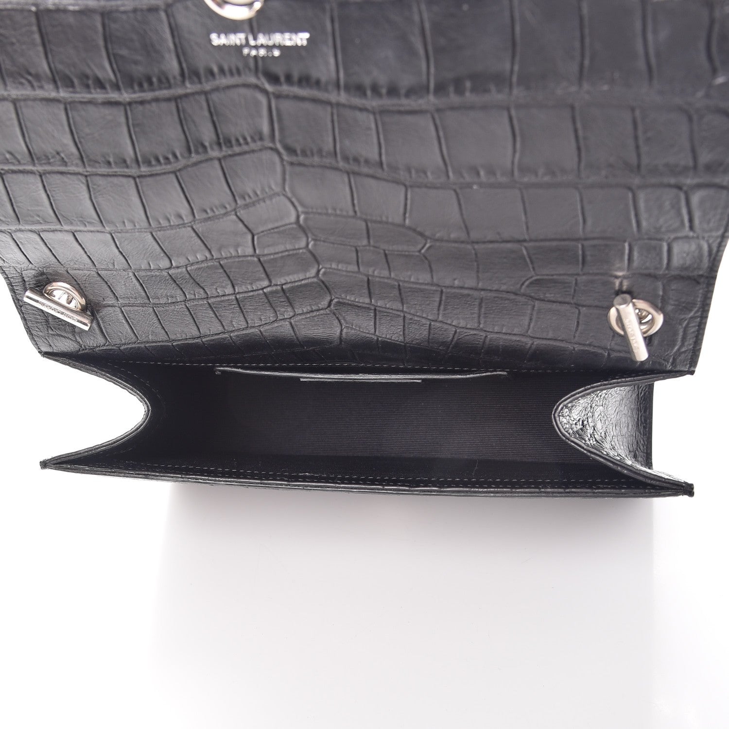 Saint Laurent Calfskin Crocodile Embossed Medium Classic Monogram Kate Double Handle Satchel Black 5 of 7